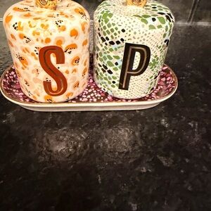 Anthropologie Salt & Pepper Shakers with Tray | Hand-Painted Ceramic Set